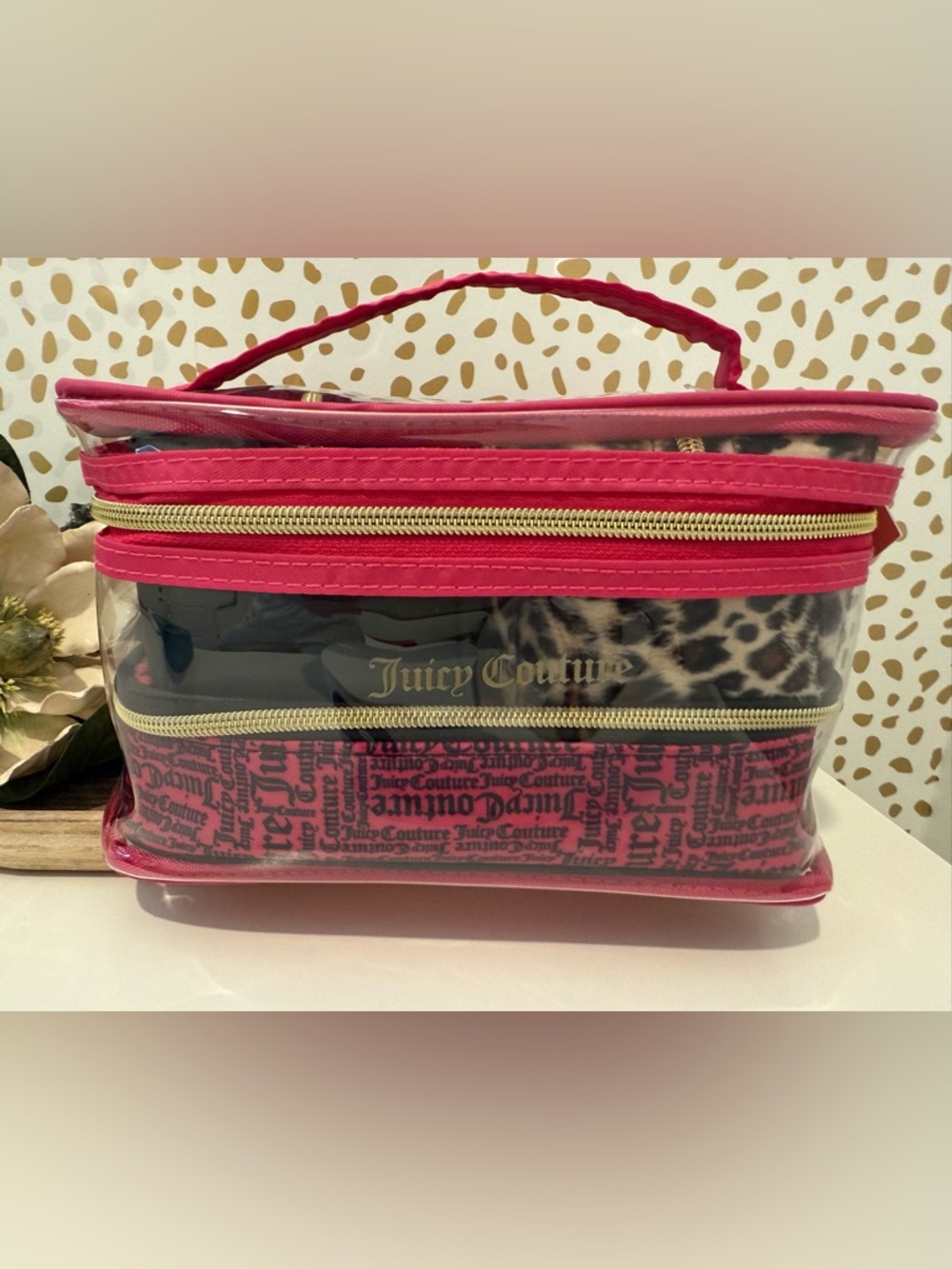 Juicy Couture 4 in 1 Hot Pink Leopard Cosmetic Case with Gold Zippers NWT